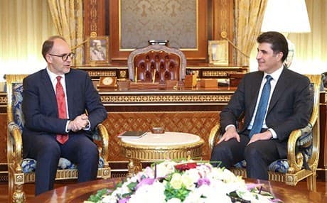 Kurdistan Region Prime Minister Nechirvan Barzani (R) met with US Ambassador Douglas Silliman (L) on Tuesday. Photo: KRG