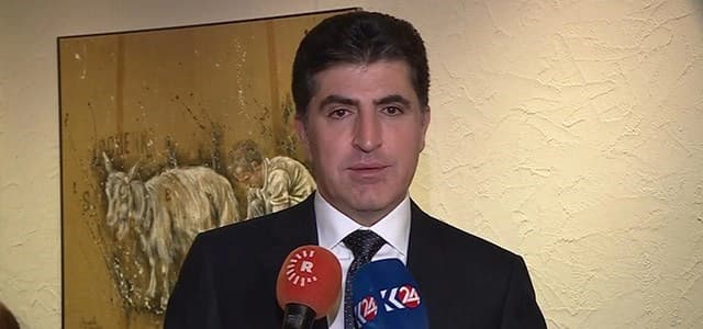 KRG Prime Minister speaking during a joint Rudaw-Kurdistan24 press conference on the sidelines of the World Economic Forum in Davos, Switzerland on January 25, 2018. Photo: Rudaw TV