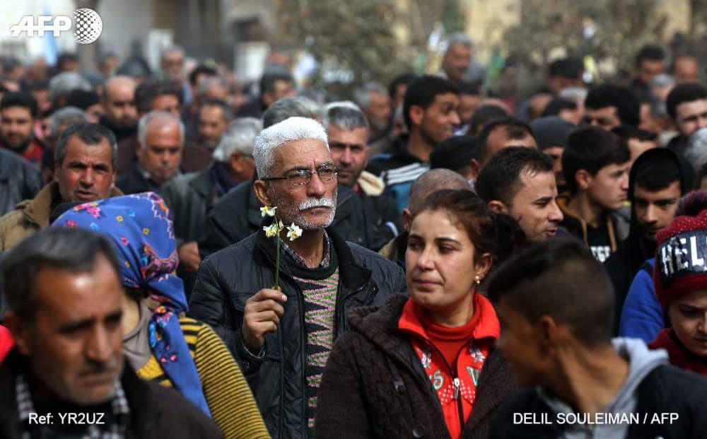 A crowd of thousands took to the streets of Afrin city on Sunday to protest Turkey’s ongoing military operation. Photo: Delil Souleiman/AFP