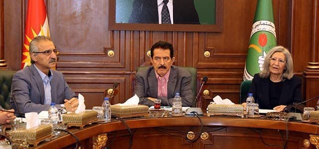 From left to right, members of the PUK politburo office: Mala Bakhtiyar, Kosrat Rasul and Hero Ibrahim Ahmad, in a party meeting on October 24, 2017. Photo: Mala Bakhtiyar facebook account