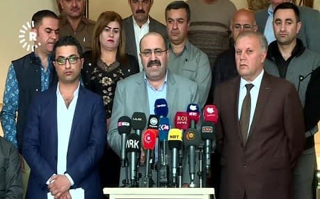 PYD co-chair Shahoz Hassan speaks at a press conference in Erbil, Kurdistan Region, on March 14, 2018. Photo: Rudaw TV