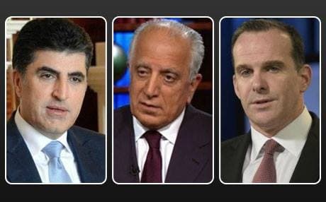 KRG Prime Minister Nechirvan Barzani, US Ambassador Zalmay Khalilzad, and US Special Presidential Envoy Brett McGurk. Composite photo: Rudaw via KRG/AP
