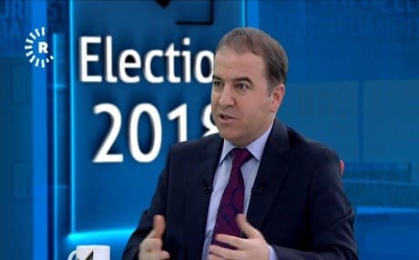 Hemin Hawrami, a KDP Ledership Council member, speaks on a Rudaw TV program at its studios in Erbil on April 18, 2018, about Iraq's elections.