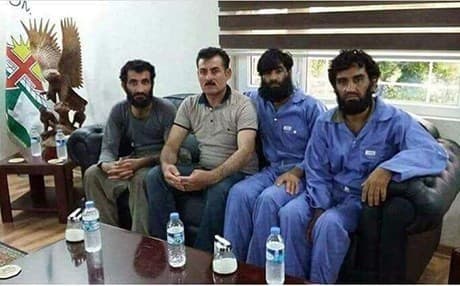 The three Peshmerga, Hardi Adnan, Mohammed Hassan and Shuwan Karim, were taken captive by Daesh 96 days ago. Photo: PUK media