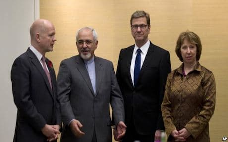 Iranian Foreign Minister Mohammad Javad Zarif, second left, with German and British Foreign Ministers and EU High Representative for Foreign Affairs in Geneva Switzerland, Saturday, Nov. 9, 2013. Photo: AP