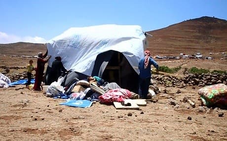 Fleeing the threat of a regime offensive in southern Syria, displaced people deprived of everything have taken refuge in Quneitra province where they now live out of makeshift tents and hope to keep out dangerous animals like scorpions and snakes. Photo: AFP video