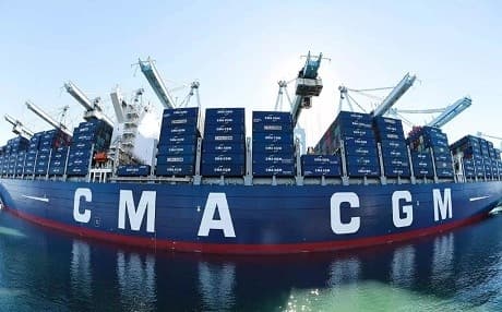 The CMA CGM Benjamin Franklin, an 18,000-TEU leviathan, is docked in Los Angeles, California. She is longer than skyscrapers like the Empire State Building is tall. Photo: Robyn Beck | AFP