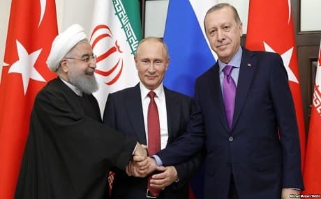 The presidents of Iran, Russia, and Turkey (left to right), Hassan Rouhani, Vladimir Putin, and Recep Tayyip Erdogan meet in Sochi on November 22, 2017. File photo: TASS