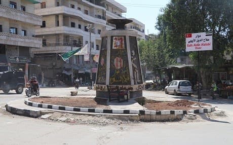 A Turkish-backed council in Afrin has changed the name of several of the city's landmarks, including this roundabout that was changed from 'Kawa the Blacksmith' to 'Olive Branch.' Photo: AA