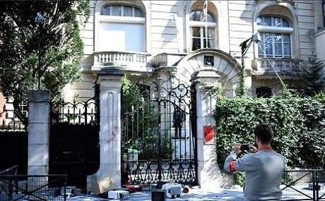 Damage to the front of the Iranian embassy in Paris after Kurds protested on Friday. Photo: Mehr news agency / social media
