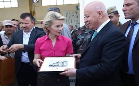 German Defense Ministry Ursula von der Leyen (left) is greeted by KRG Interior Minister and acting Peshmerga Minister Karim Sinjari in Erbil on September 17, 2018. Photo: Mohammed Shwani | AFP