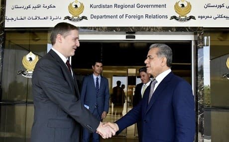 Head of KRG’s Department of Foreign Affairs Minister Falah Mustafa (R) shakes hands with Greek Consul General Efthymios Costopoulos (L) in Erbil on Tuesday. Photo: Falah Mustafa