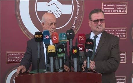 Hadi Ali, the head of the council of political affairs for the Kurdistan Islamic Union (KIU) gives a statement to the press in Erbil, Kurdistan Region, on October 22, 2018. Photo: Rudaw TV