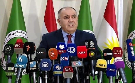 Sadi Pira, PUK spokesperson, addresses a press conference in Sulaimani, December 3, 2018. Photo: Rudaw video