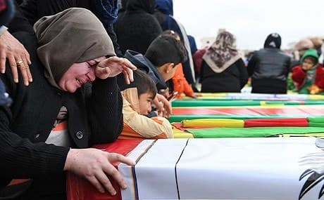 Residents of Afrin mourn relatives killed in Turkish airstrikes on the Syrian Kurdish canton, February 2, 2018. File photo: AFP