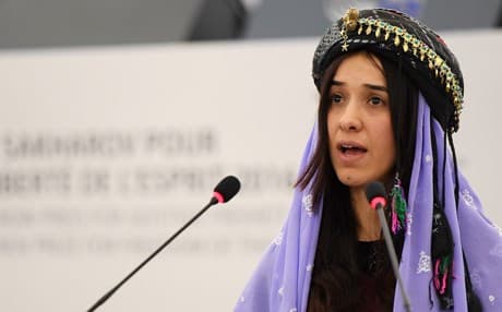 Nadia Murad delivers a speech after being awarded co-laureate of the 2016 Sakharov human rights prize at the European parliament in Strasbourg. (AFP/Frederick Florin)