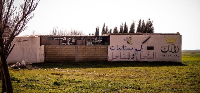 The bee 'king' - 'for all accessories for bees and apiaries,' reads the sign advertising Anas al-Qasim al-Arab's bee business just off the highway east of Qamishli, on February 20, 2019. Photo: Hannah Lynch/Rudaw