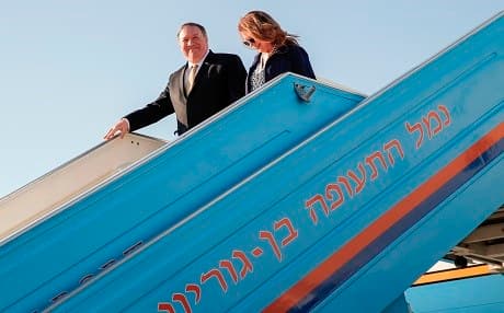 US Secretary of State Mike Pompeo (L) and his wife Susan disembark from their aircraft upon arrival at Ben Gurion International Airport, near the Israeli city of Tel Aviv on March 20, 2019. Photo: Jim Young/pool/AFP