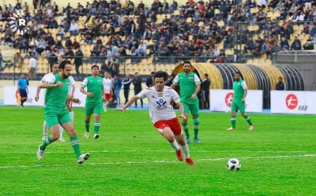 Iraqi players compete for the first time with a Kurdish national side at Erbil's Franso Hariri Stadium, April 20, 2019. Photo: Mohammed Shwani / Rudaw