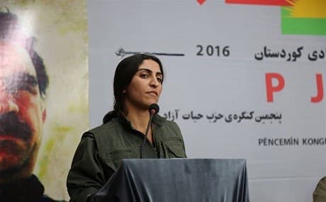 Zîlan Vejîn, co-chair of Iran's Kurdistan Free Life Party (PJAK), addresses the party's fifth congress, October 16, 2016. Photo: PJAK
