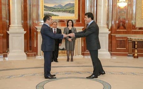 Kurdistan Region President Nechirvan Barzani (right) greets KRG PM-Elect Masrour Barzani in Erbil on June 12, 2019, as Parliament Speaker Vala Farid (back right) and Judicial Council Judge Bangin Mohammed look on. Photo: KRG