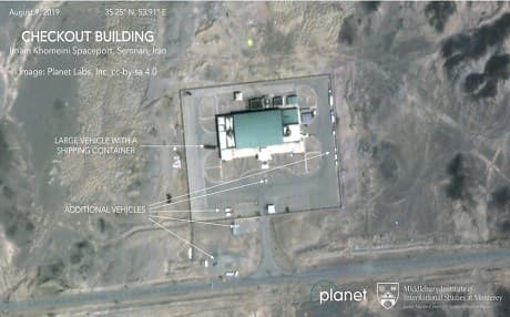 An August 9, 2019 satellite image from Planet Labs Inc., that has been annotated by experts at the James Martin Center for Nonproliferation Studies at Middlebury Institute of International Studies, shows activity at the Imam Khomeini Space Center in Iran's Semnan province. Photo: Planet Labs Inc, Middlebury Institute of International Studies via AP