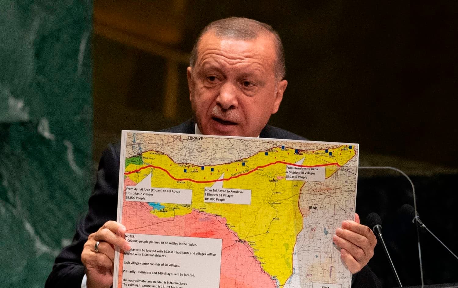 Turkey's President Recep Tayyip Erdogan holds up a map of northern Syria as he speaks during the 74th Session of the United Nations General Assembly at UN Headquarters in New York, September 24, 2019. Photo: Don Emmert / AFP
