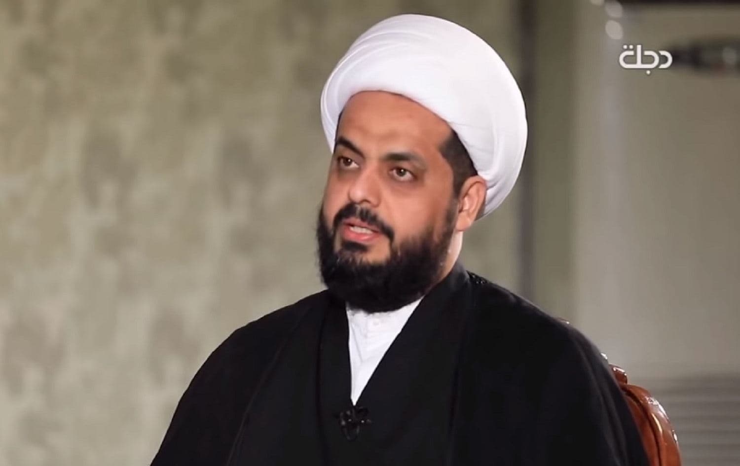 Qais al-Khazaali, secretary general of the Iran-backed Asa’ib Ahl al-Haq paramilitia, speaks to Dhijla TV, November 23, 2019. Photo: Dhijla TV
