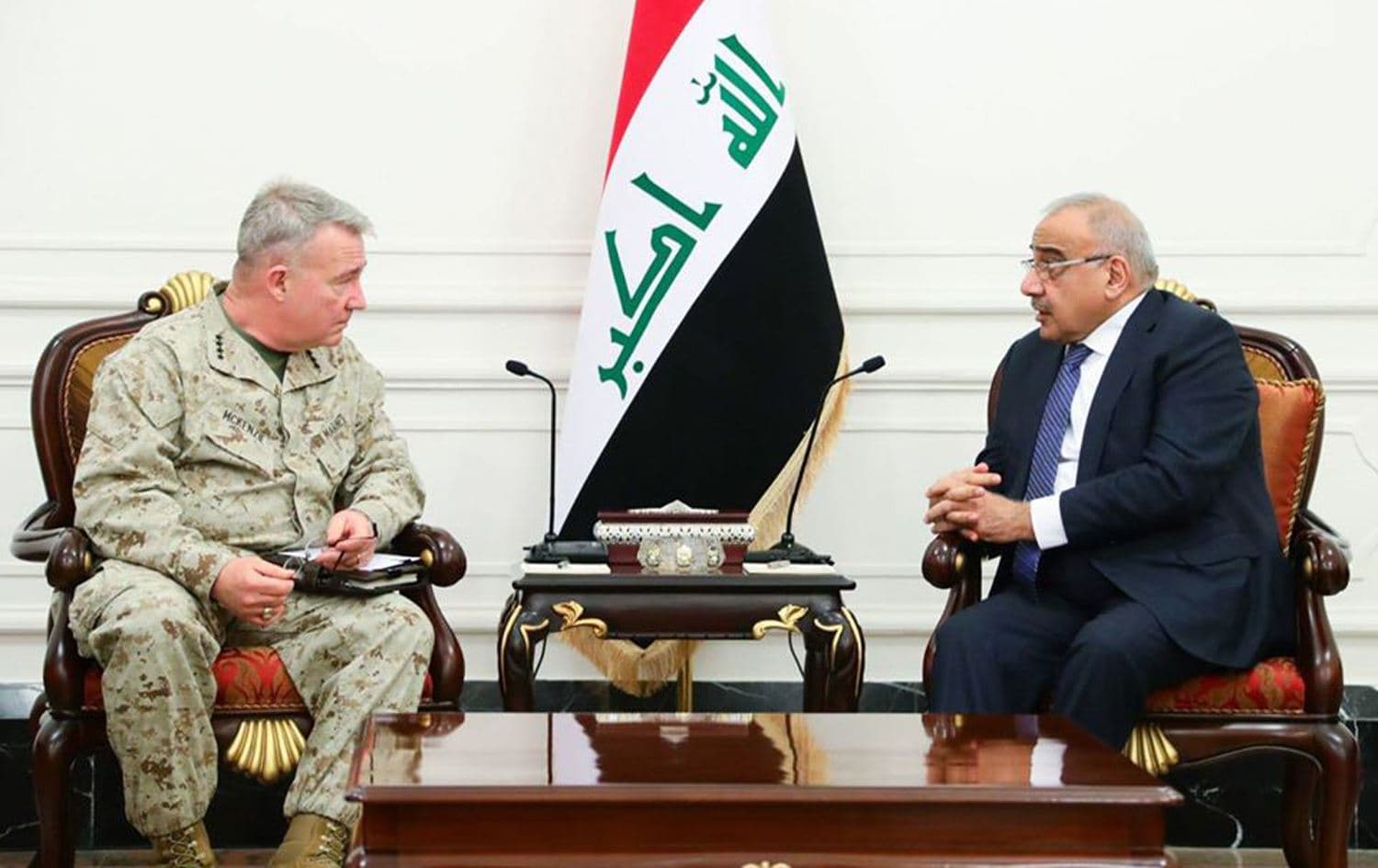 Marine Corp General Kenneth McKenzie, head of United States Central Command, meets with Adil Abdul-Mahdi, Iraq’s caretaker prime minister, in the Iraqi capital Baghdad, February 5, 2020. Photo: PMO