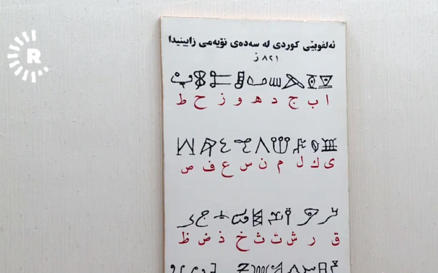 A sign at the National Academy of Kurdish Language titled 'Kurdish Alphabet in the Ninth Century AD'. Photo: Rudaw