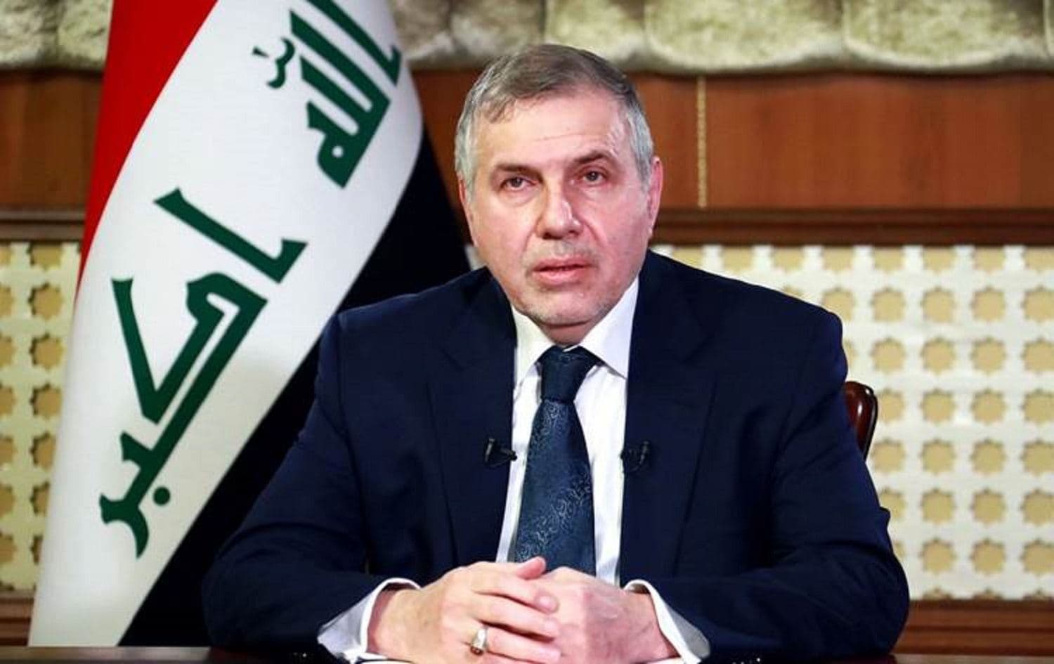 Iraqi Prime Minister-designate Mohammed Tawfiq Allawi givihg a televised speech in Baghdad on February 19, 2020. Photo: Iraqi Prime Minister's Press Office/AFP