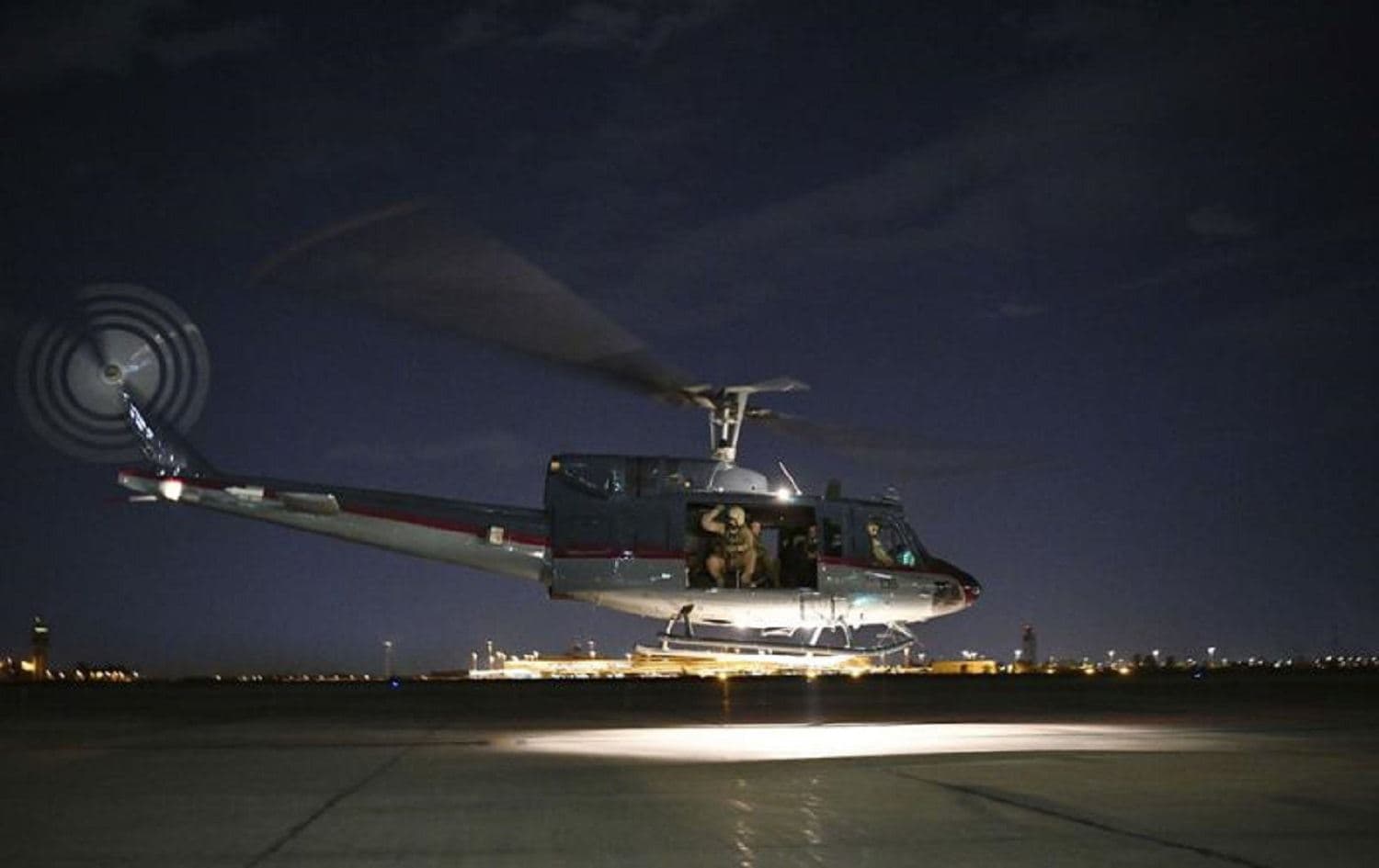 A helicopter carrying US Secretary of State Mike Pompeo takes off from Baghdad International Airport on May 7. Photo: AP