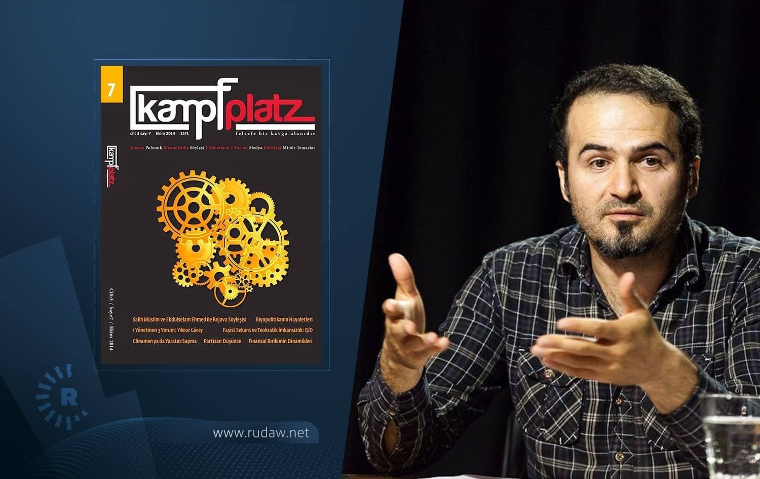 The cover of Kampfplatz's 7th edition and Adem Yildirim. Photo: Adiyaman University, graphic: Ahmed Bahram/Rudaw