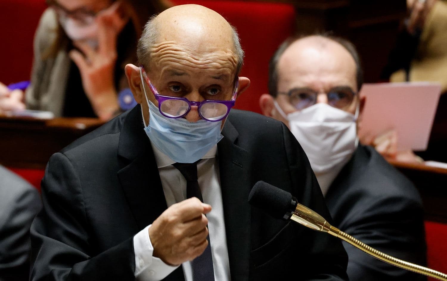 French foreign minister Jean-Yves Le Drian, wearing a protective face mask, speaks during a session of questions to the government at the National Assembly in Paris on November 10, 2020. Photo: Thomas Coex / AFP