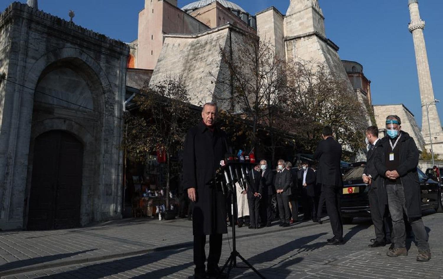 Turkish President Erdogan giving a speech after Friday prayers at the Hagia Sophia in Istanbul on December 04, 2020. Photo: TRT