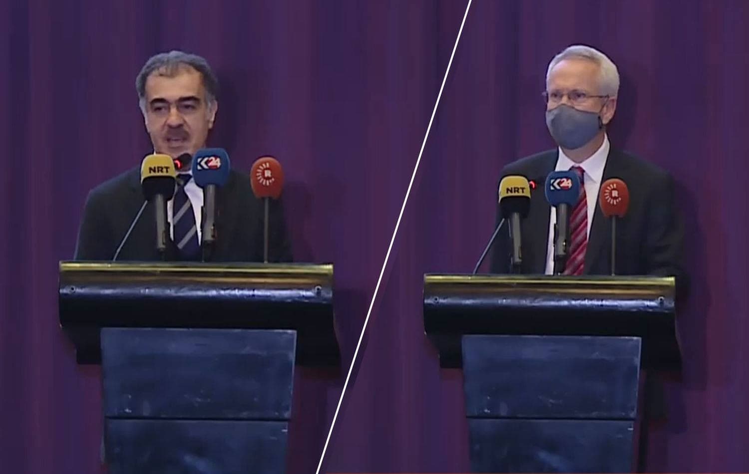 Safeen Dizayee, head of Department of Foreign Relations (left) and James Thornton, British Consul-General in Erbil (right) in a press conference in Erbil. January 18, 2021. Photo: Rudaw / screenshot
