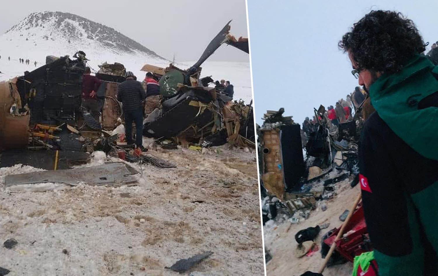 Rescue workers and security personnel examine the site of a helicopter crash in Turkey's Bitlis province where 11 soldiers were killed on March 4, 2021. Photo: IHA. Graphic: Ahmed Bahram/Rudaw