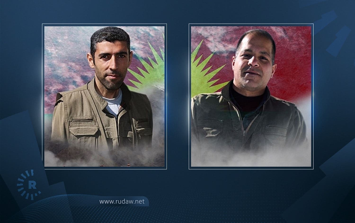 Slain PJAK fighters Ako Fathi (left) and Mahdi Razai (right). Graphic: Sarkawt Mohammed / Rudaw