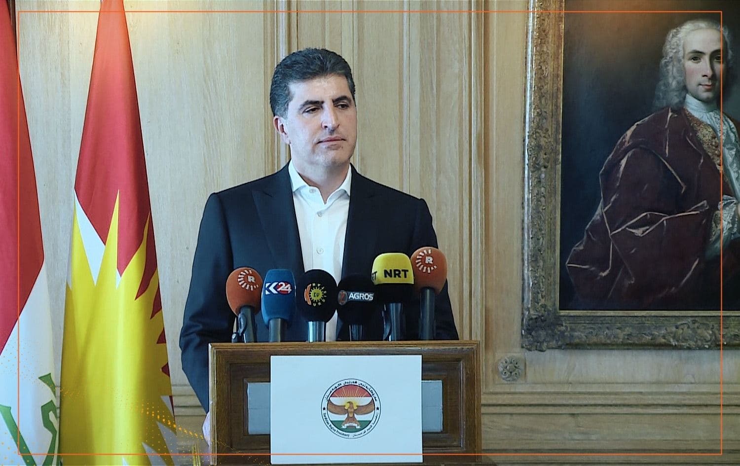 Kurdistan Region President Nechirvan Barzani speaking in Paris on March 31, 2021. Photo: Rudaw