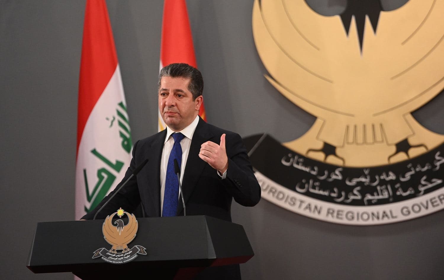 Kurdistan Region Prime Minister Masrour Barzani gestures during a press conference in Erbil. File photo: Bilind T. Abdullah/Rudaw