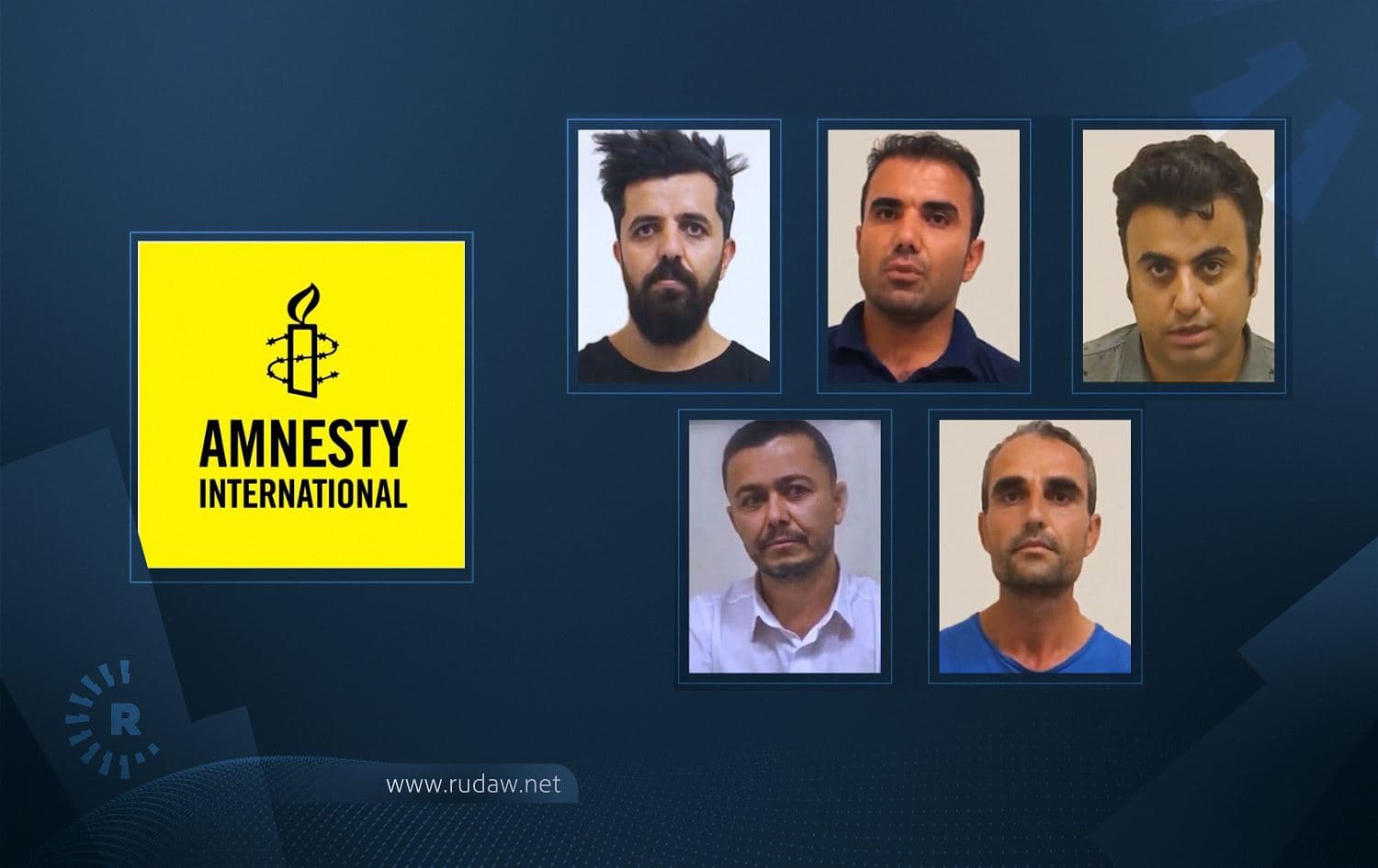 Five journalists and activists from Duhok convicted on national security charges, left to right: Hawian Issa, Guhdar Zebari, Sherwan Sherwani, Shvan Saeed, and Ayaz Karam. Graphic: Sarkawt Mohammed/Rudaw