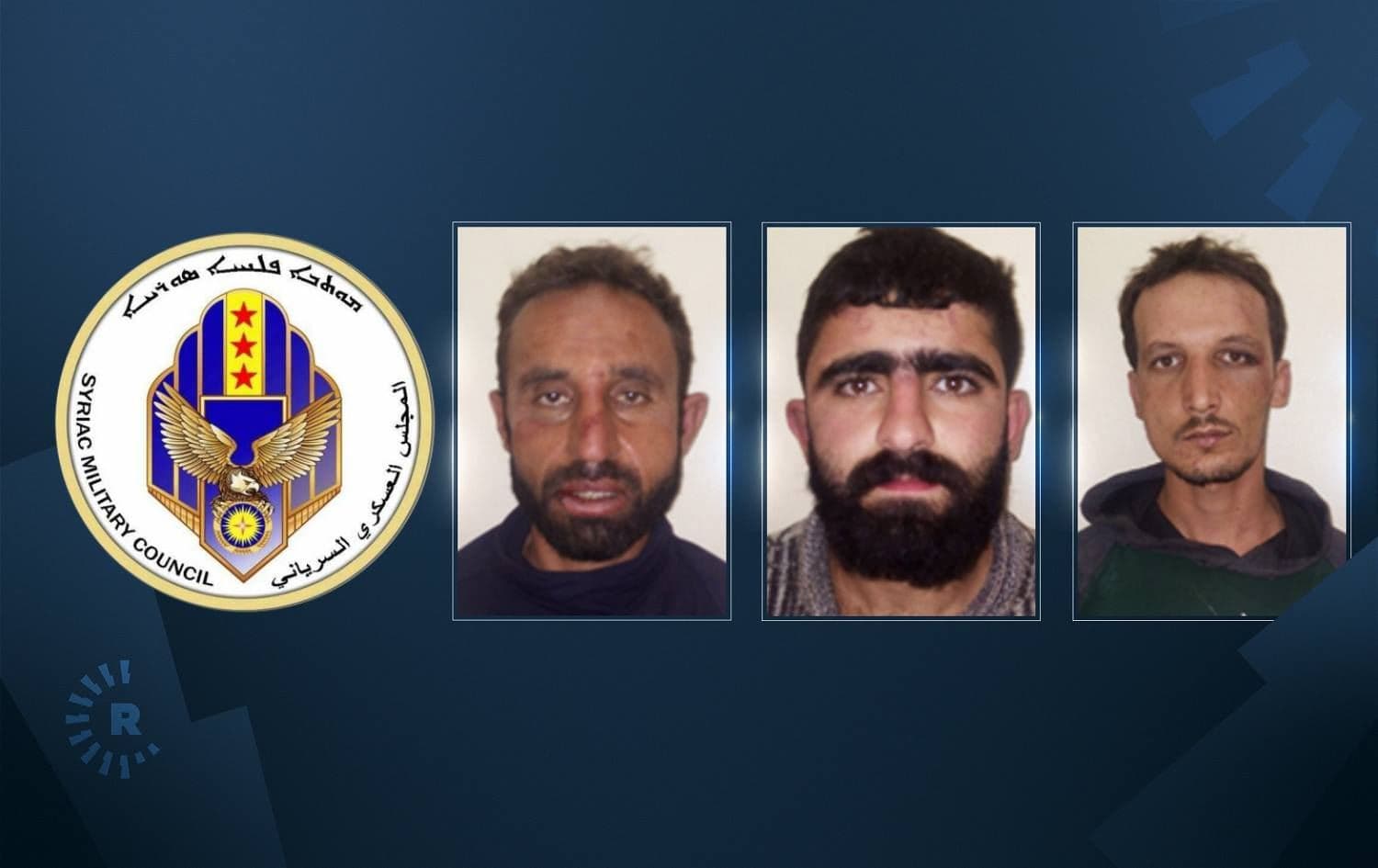 From left: logo of Syriac Military Council, and the three fighters: Muhsin Gharbi Ahle, Jamil Gorges and Amad Jassim Suud. Photos: submitted