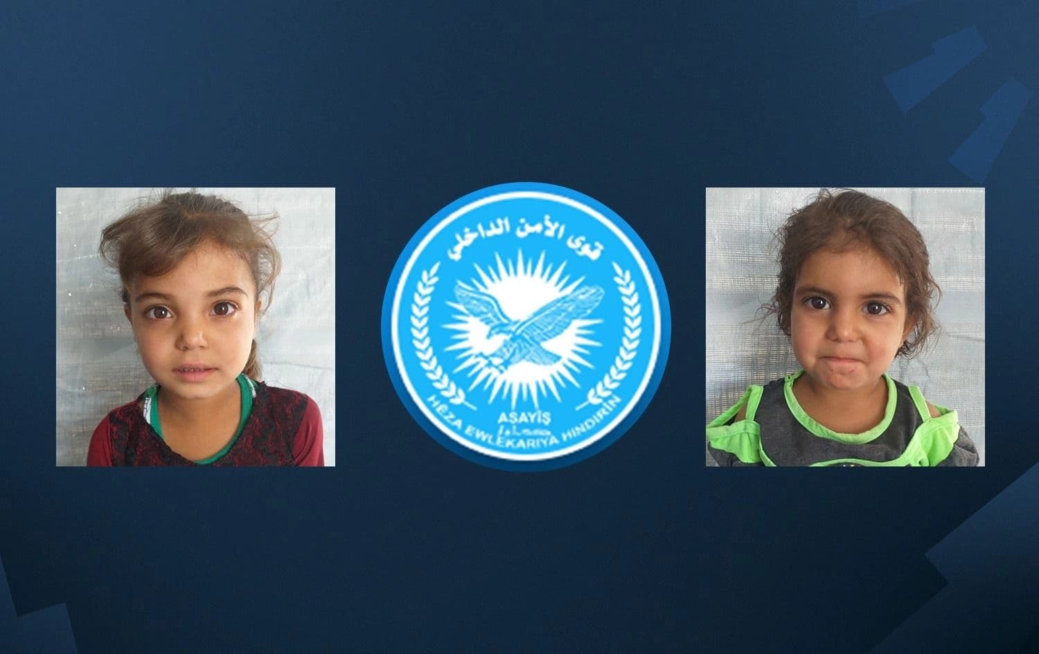 The Asayish logo and photos of the kidnapped children. Photo: Asayish