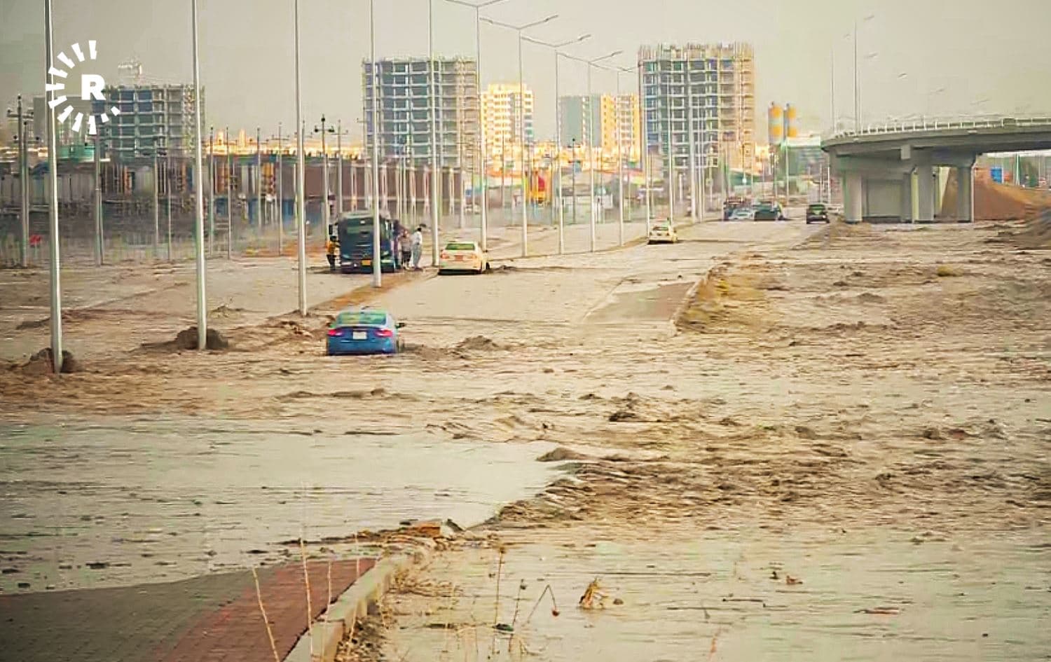 Flood on Erbil's 150 meter street on Saturday. Screenshot from Rudaw live