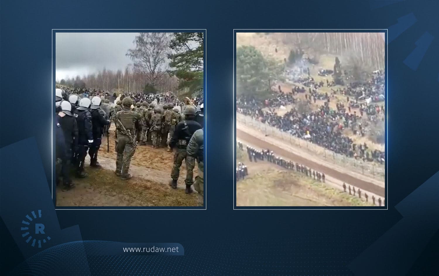 Screengrabs from videos shared by the Polish government show migrants gathered on the Belarus-Poland border on November 8, 2021. Photos: screengrabs/Polish defense and interior ministries