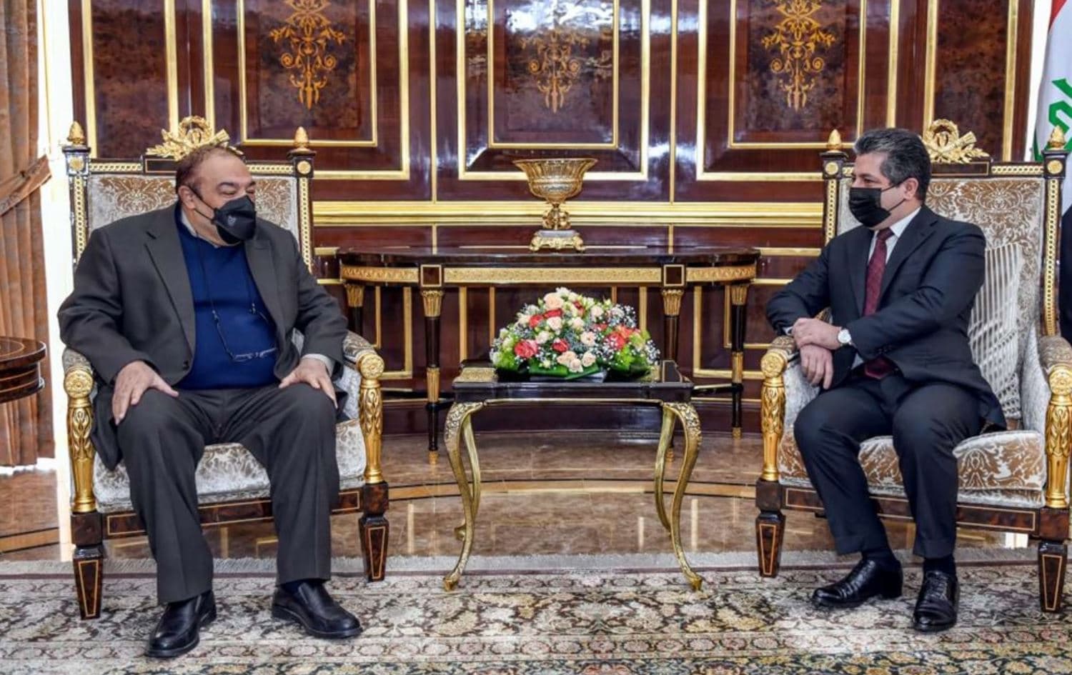 Iran’s Deputy Foreign Minister for Economic Diplomacy Mahdi Safari (left) and the Kurdistan Region’s Prime Minister Masrour Barzani (right) meeting in Erbil on November 8, 2021. Photo: KRG