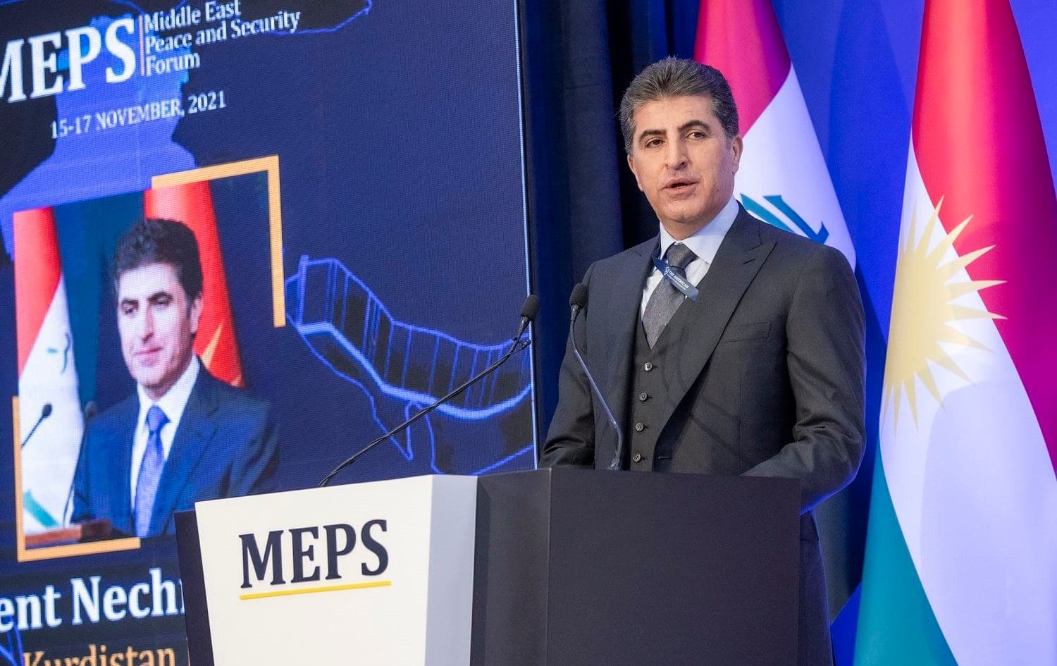 Kurdistan Region President Nechirvan Barzani speaks at the Middle East Peace and Security (MEPS) Forum at the American University of Kurdistan (AUK) in Duhok on November 16, 2021. Photo: handout/Kurdistan Region Presidency