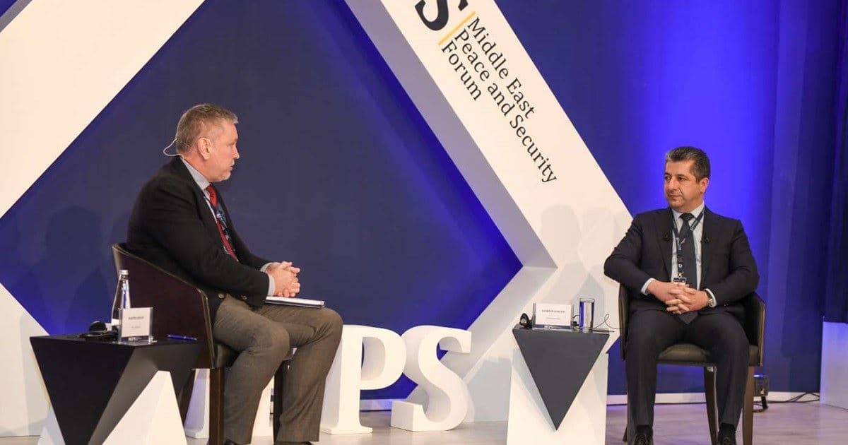 Kurdistan Prime Minister Masrour Barzani (R) speaks with Martin Chulov during the Middle Eastern Peace and Security forum on Tuesday, November 16, 2021. Photo: Rudaw/Screenshot
