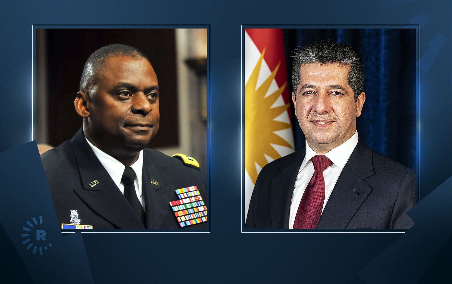 Left: US Defense Secretary Lloyd Austin. Photo: AFP; Right: Kurdistan Region Prime Minister Masrour Barzani. Photo: Masrour Barzani/ Twitter. Graphic: Rudaw