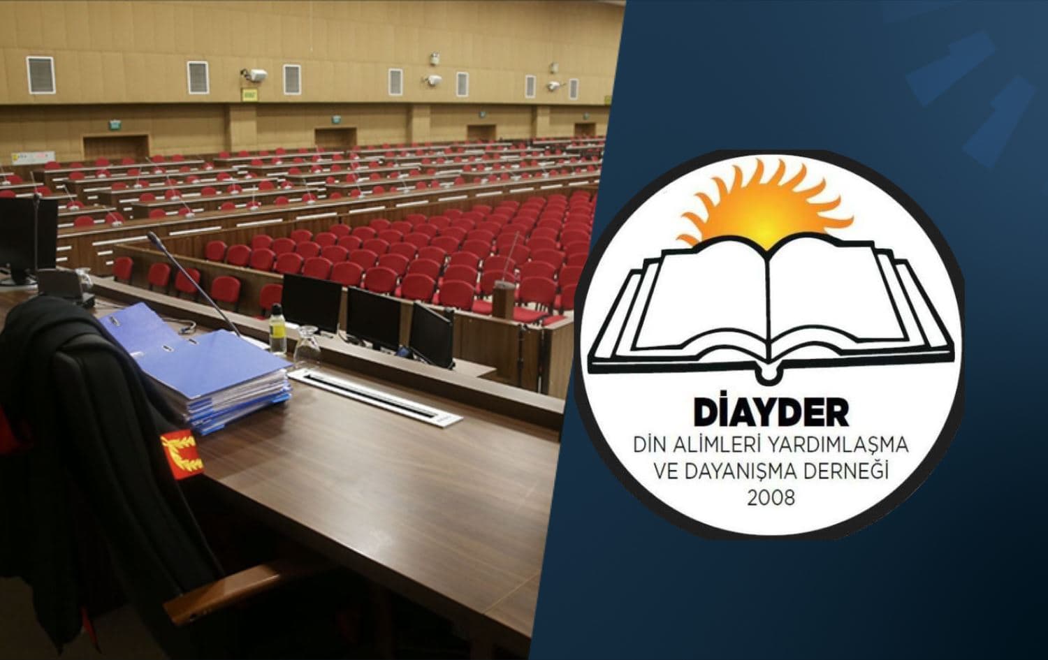 From left: a Turkish court hall, and logo of DIAYDER. Photo: AA. Graphic: Rudaw